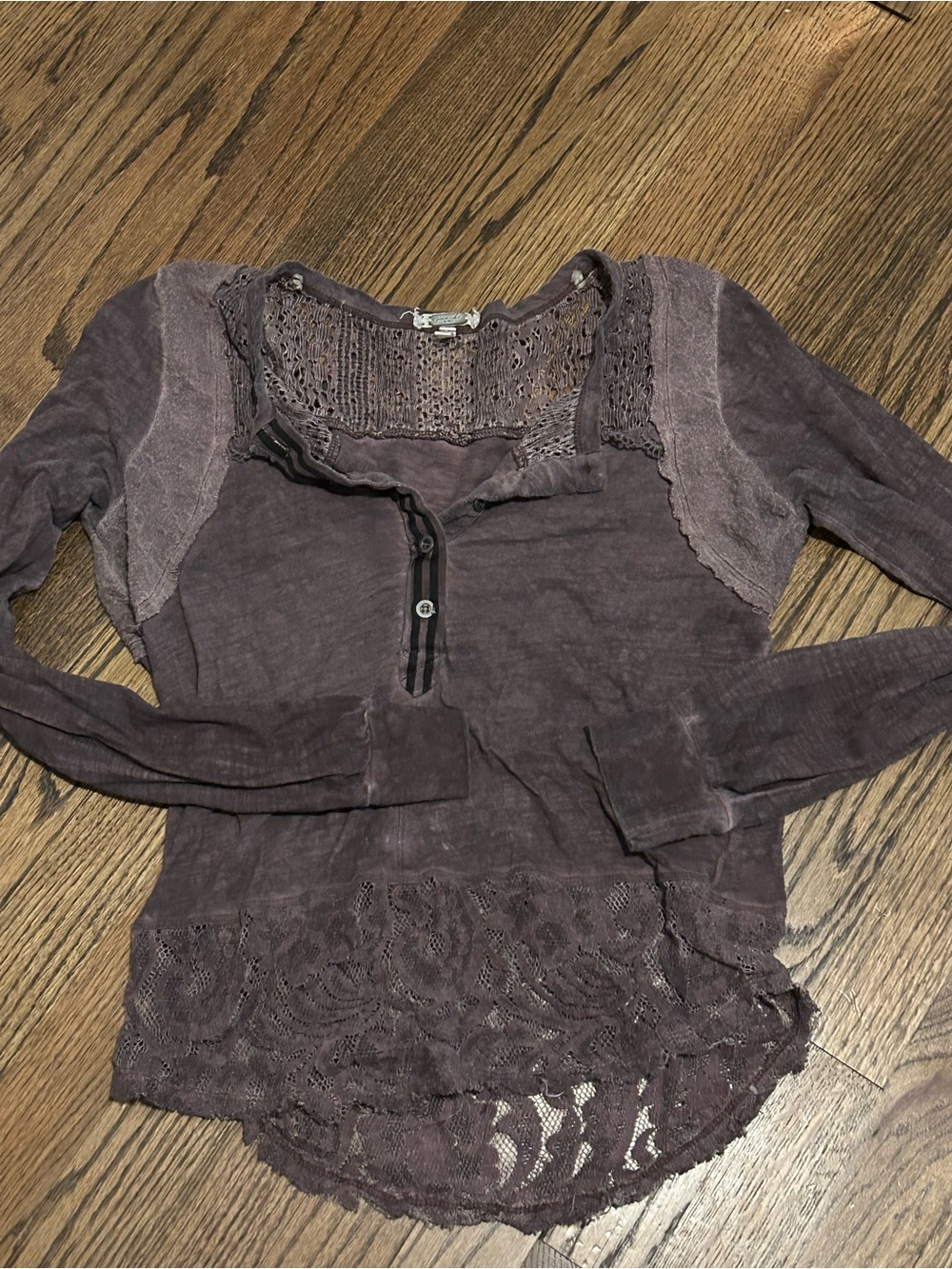 *2 for $15* gimmicks by BKE Long Sleeve Lace-Trim Henley Top - Plum